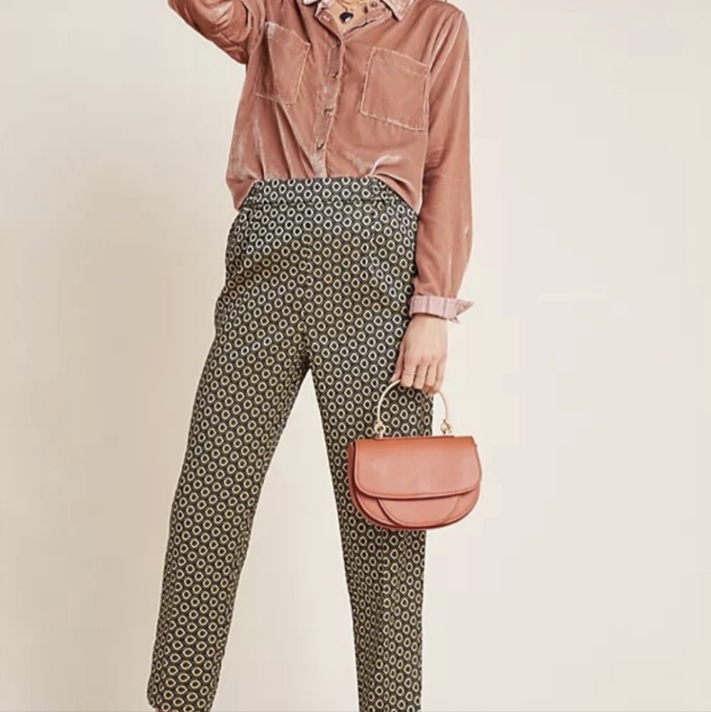 Anthropologie Larkin Gold Jacquard Trousers Pull-on Pant High Waist L